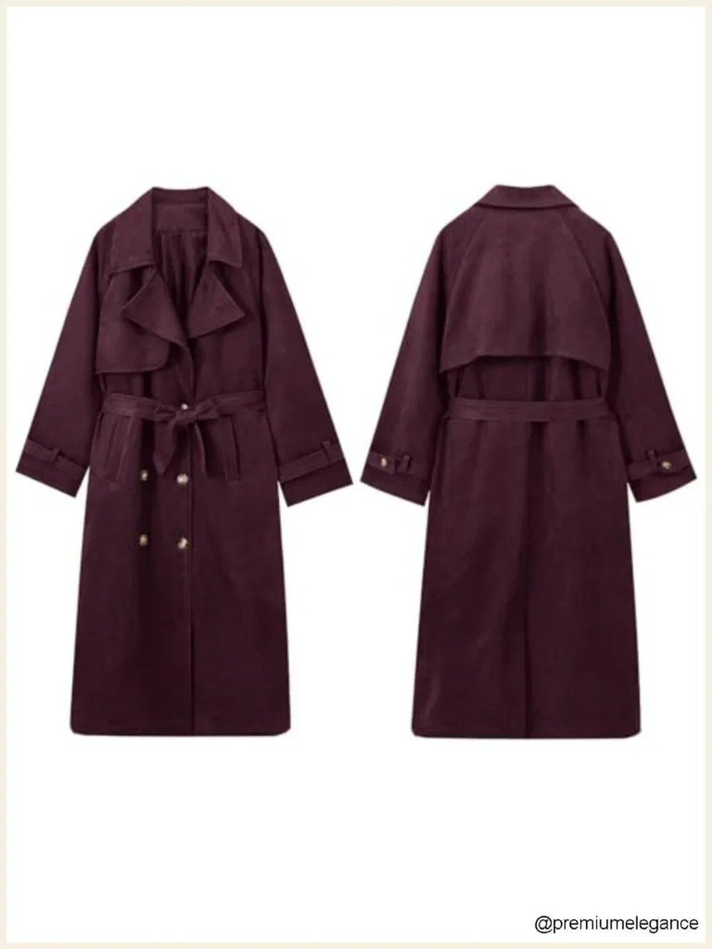 Women's Faux Suede Long Trench Coat Notched Lapel Double Breasted Pea Coat
